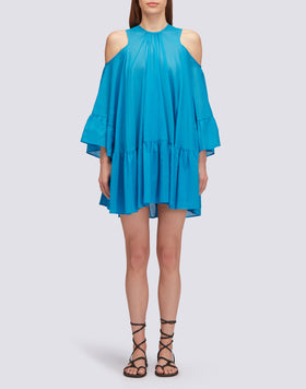 VESTIDO CORTO CON HOMBROS DESCUBIERTOS EN GASA DE ALGODÓN