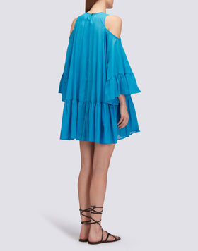 VESTIDO CORTO CON HOMBROS DESCUBIERTOS EN GASA DE ALGODÓN