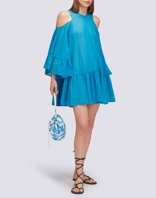 VESTIDO CORTO CON HOMBROS DESCUBIERTOS EN GASA DE ALGODÓN