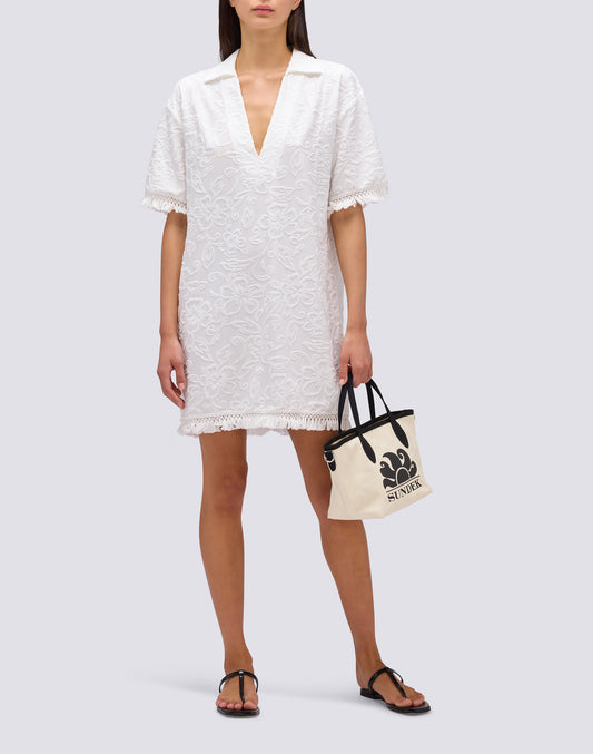 ABITO CORTO CON FRANGE IN SPUGNA JACQUARD