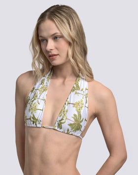 HAUT DE BIKINI TRIANGLE AMÉRICAIN AVEC POMPONS ET MOTIF BOTANIQUE