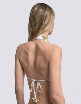 HAUT DE BIKINI TRIANGLE AMÉRICAIN AVEC POMPONS ET MOTIF BOTANIQUE