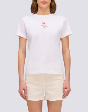 T-SHIRT DONNA CON IBISCO RICAMATO E STAMPATO
