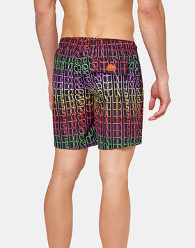 MID-LENGTH SWIM SHORTS WITH PRINTED RAINBOW WRITING