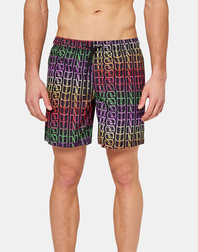 MID-LENGTH SWIM SHORTS WITH PRINTED RAINBOW WRITING