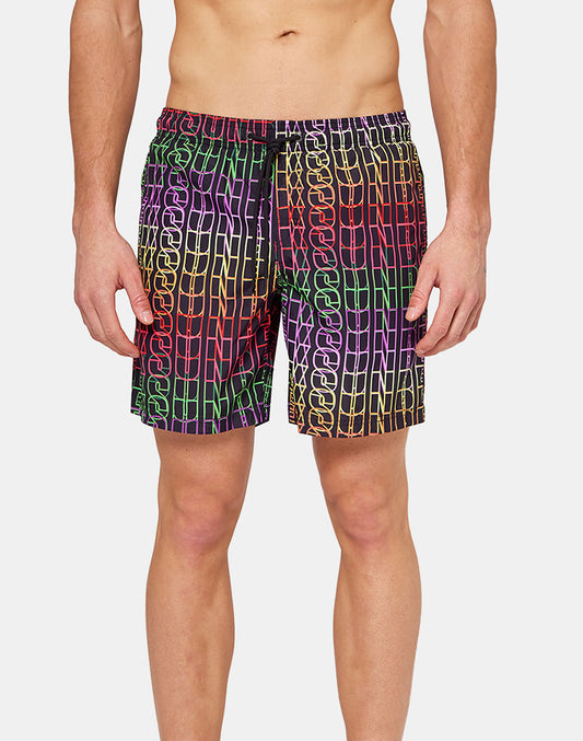 MID-LENGTH SWIM SHORTS WITH PRINTED RAINBOW WRITING